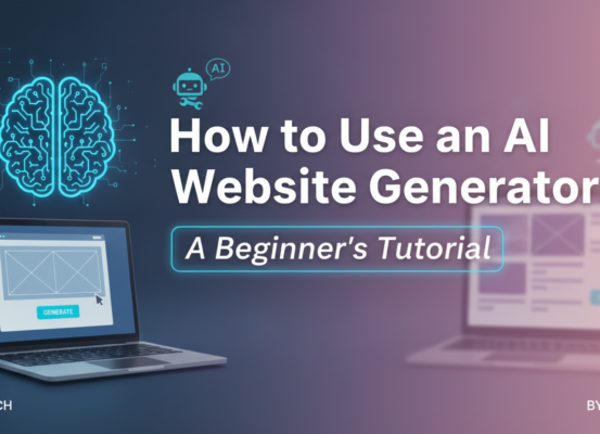 Blog banner titled 'How to Use an AI Website Generator: A Beginner's Tutorial' with a modern tech theme.