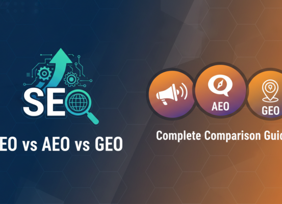 Blog banner titled 'SEO vs AEO vs GEO: Complete Comparison Guide' with a modern design.