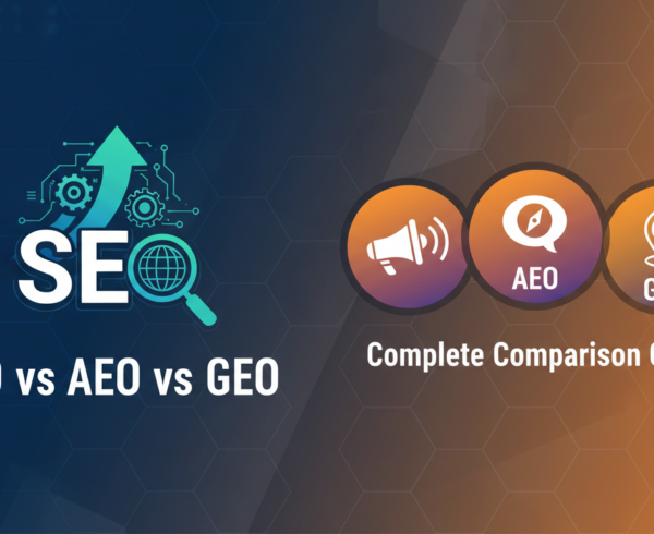Blog banner titled 'SEO vs AEO vs GEO: Complete Comparison Guide' with a modern design.