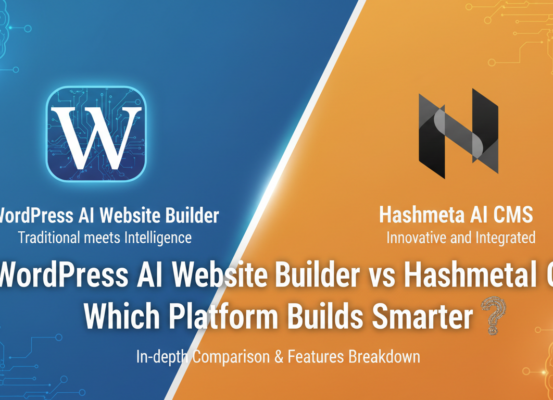 Blog banner titled 'WordPress AI Website Builder vs Hashmeta AI CMS: Which Platform Builds Smarter?' with tech-themed design.