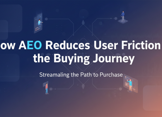 Blog banner with 'How AEO Reduces User Friction in the Buying Journey' in bold, modern font.