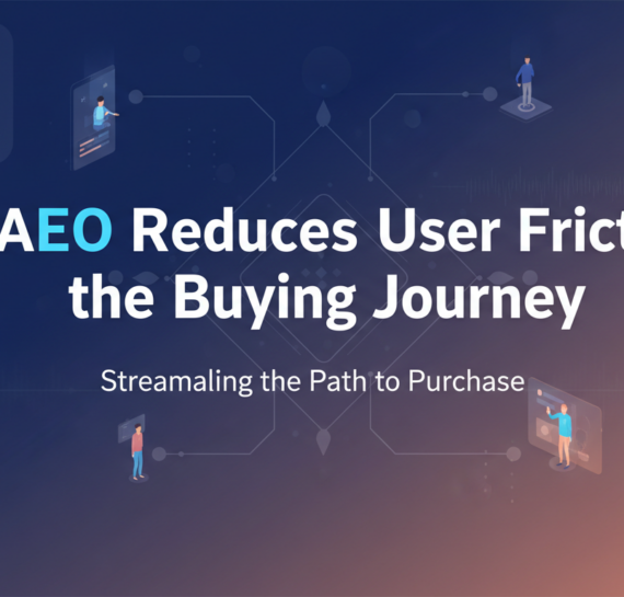 Blog banner with 'How AEO Reduces User Friction in the Buying Journey' in bold, modern font.