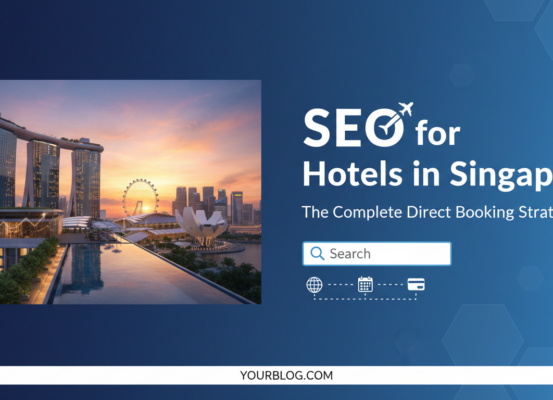 Blog banner with 'SEO for Hotels in Singapore' title, featuring city skyline.
