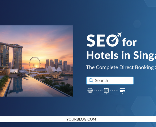 Blog banner with 'SEO for Hotels in Singapore' title, featuring city skyline.