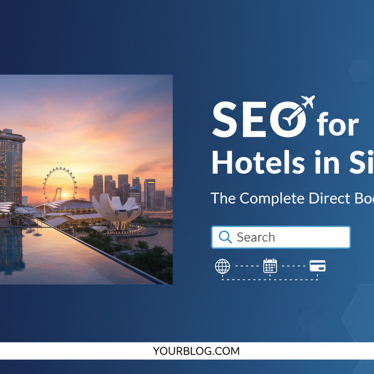 Blog banner with 'SEO for Hotels in Singapore' title, featuring city skyline.