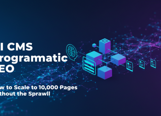 Blog banner with title 'AI CMS Programmatic SEO: Scale 10,000 Pages Without Sprawl' in bold text.