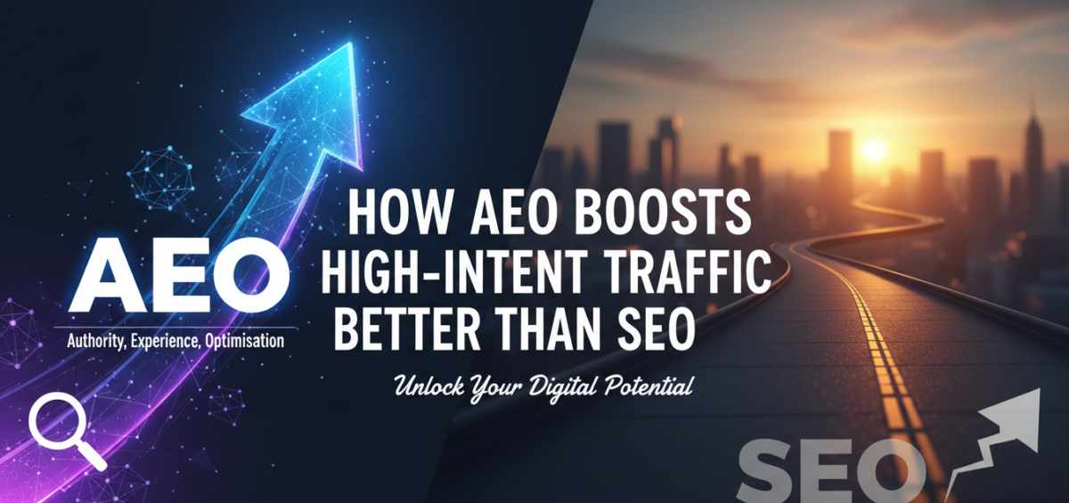 Blog banner with title 'How AEO Boosts High-Intent Traffic Better Than SEO' on a modern, tech-themed background.