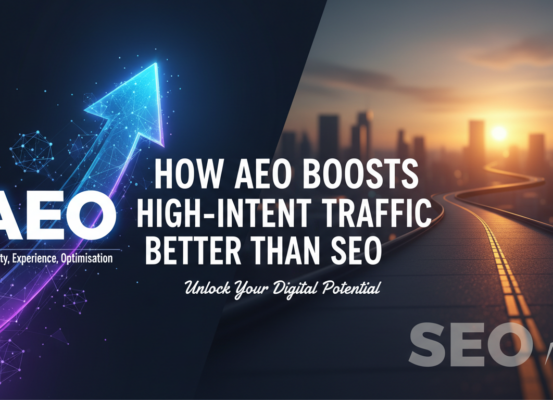 Blog banner with title 'How AEO Boosts High-Intent Traffic Better Than SEO' on a modern, tech-themed background.