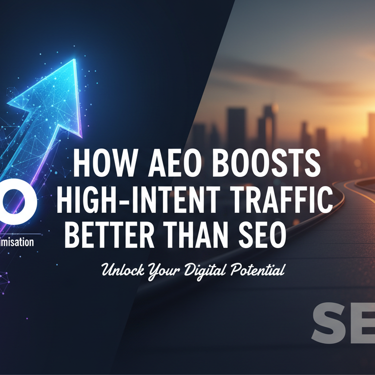 Blog banner with title 'How AEO Boosts High-Intent Traffic Better Than SEO' on a modern, tech-themed background.