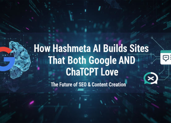 Blog banner with title 'How Hashmeta AI Builds Sites That Both Google AND ChatGPT Love' in bold font.