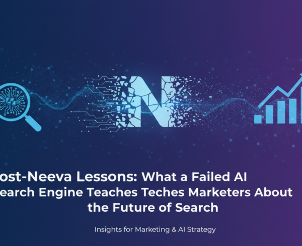 Blog banner with title 'Post-Neeva Lessons: What a Failed AI Search Engine Teaches Marketers About the Future of Search'