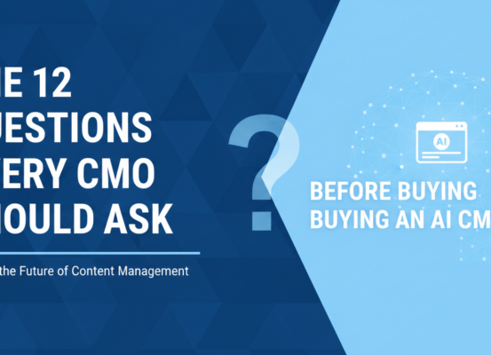 Blog banner with title 'The 12 Questions Every CMO Should Ask Before Buying an AI CMS' in bold, modern font on a sleek, tech-themed background.