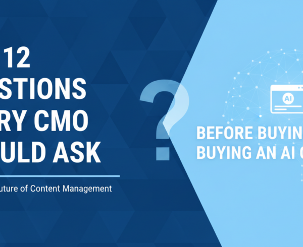 Blog banner with title 'The 12 Questions Every CMO Should Ask Before Buying an AI CMS' in bold, modern font on a sleek, tech-themed background.