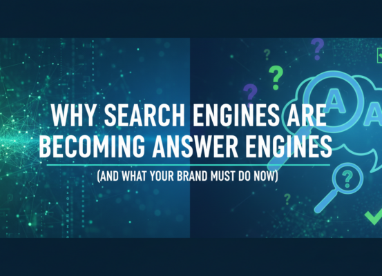 Blog banner with title 'Why Search Engines Are Becoming Answer Engines' on a tech-themed background.