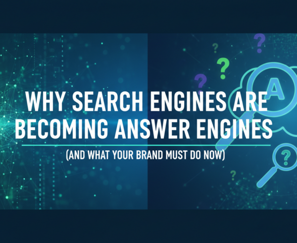 Blog banner with title 'Why Search Engines Are Becoming Answer Engines' on a tech-themed background.