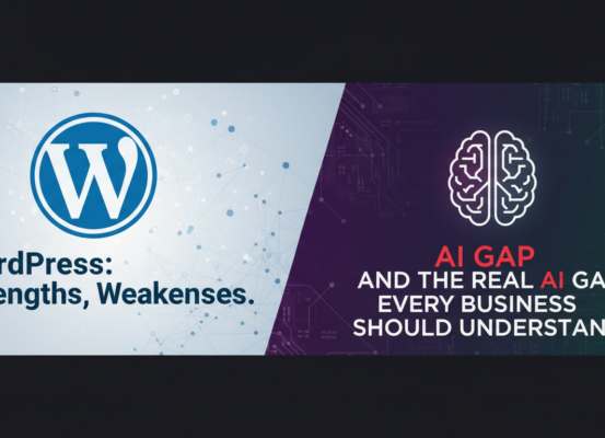 Blog banner with title 'WordPress: Strengths, Weaknesses, and the Real AI Gap Every Business Should Understand' against a tech-themed background.