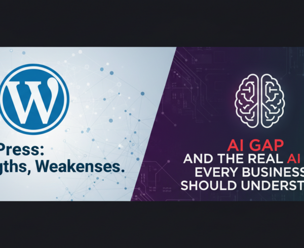 Blog banner with title 'WordPress: Strengths, Weaknesses, and the Real AI Gap Every Business Should Understand' against a tech-themed background.