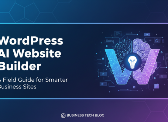 Blog post banner with 'WordPress AI Website Builder: A Field Guide for Smarter Business Sites' title.