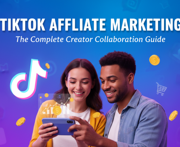 Banner reading 'TikTok Affiliate Marketing: The Complete Creator Collaboration Guide' with vibrant, dynamic design elements.