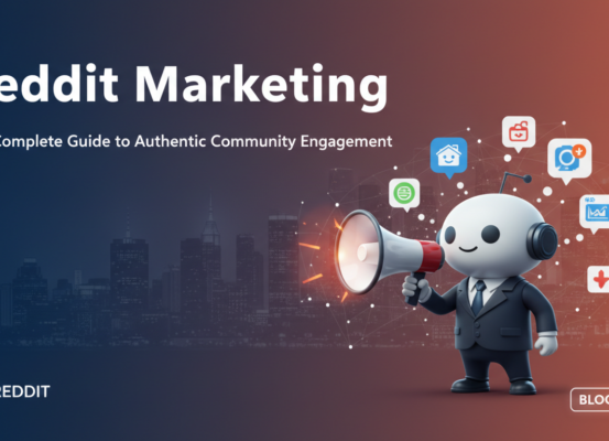 Banner titled 'Reddit Marketing: The Complete Guide to Authentic Community Engagement' with Reddit logo and digital marketing icons.