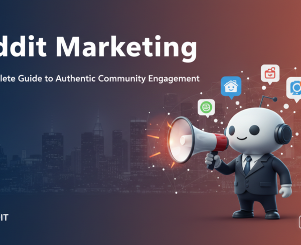 Banner titled 'Reddit Marketing: The Complete Guide to Authentic Community Engagement' with Reddit logo and digital marketing icons.
