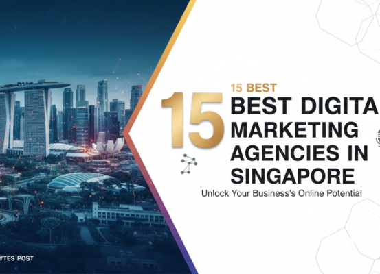 Banner with '15 Best Digital Marketing Agencies in Singapore' title in bold font.