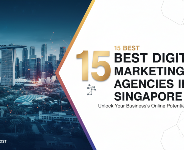 Banner with '15 Best Digital Marketing Agencies in Singapore' title in bold font.