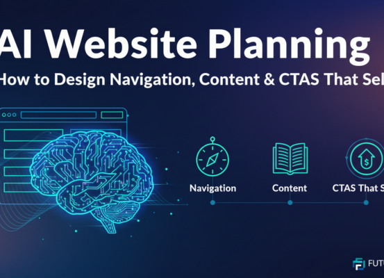 Banner with 'AI Website Planning: How to Design Navigation, Content & CTAs That Sell' title over a tech-themed background