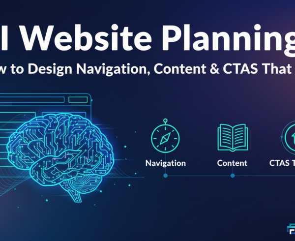Banner with 'AI Website Planning: How to Design Navigation, Content & CTAs That Sell' title over a tech-themed background