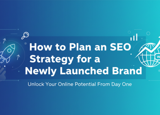 Banner with 'How to Plan an SEO Strategy for a Newly Launched Brand' in bold text.