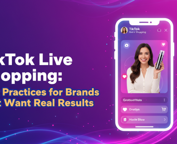 Banner with 'TikTok Live Shopping: Best Practices for Brands That Want Real Results' in bold text, colorful TikTok and shopping icons.