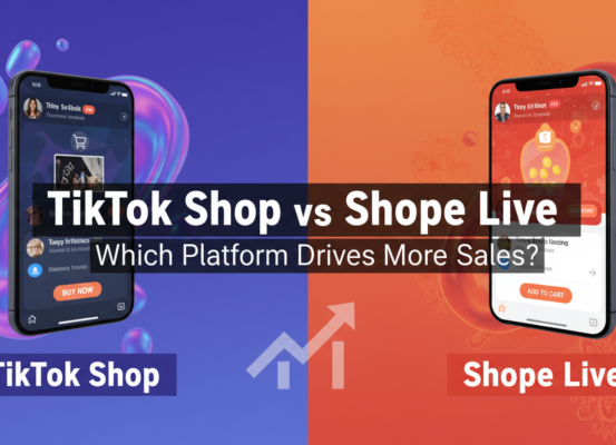 Banner with 'TikTok Shop vs Shopee Live: Which Platform Drives More Sales?' title, vibrant design.