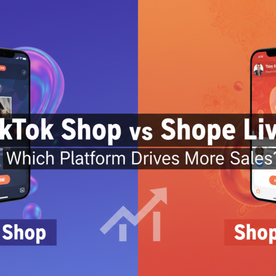 Banner with 'TikTok Shop vs Shopee Live: Which Platform Drives More Sales?' title, vibrant design.