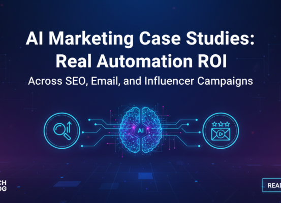 Banner with title 'AI Marketing Case Studies' and icons for SEO, Email, Influencers