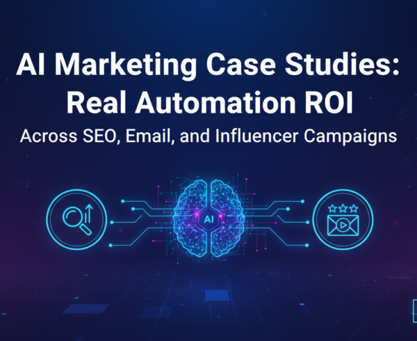 Banner with title 'AI Marketing Case Studies' and icons for SEO, Email, Influencers