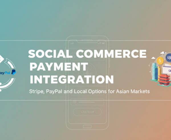 Banner with title 'Social Commerce Payment Integration: Stripe, PayPal, and Local Options for Asian Markets' against a digital commerce-themed background.