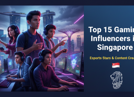 Banner with title 'Top 15 Gaming Influencers in Singapore', featuring gaming icons and vibrant colors.