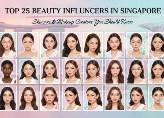 Banner with title 'Top 25 Beauty Influencers in Singapore'; vibrant skincare and makeup theme.