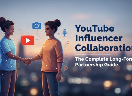 Banner with title 'YouTube Influencer Collaboration: The Complete Long-Form Partnership Guide' in bold text over a digital collage of social media icons and video thumbnails.