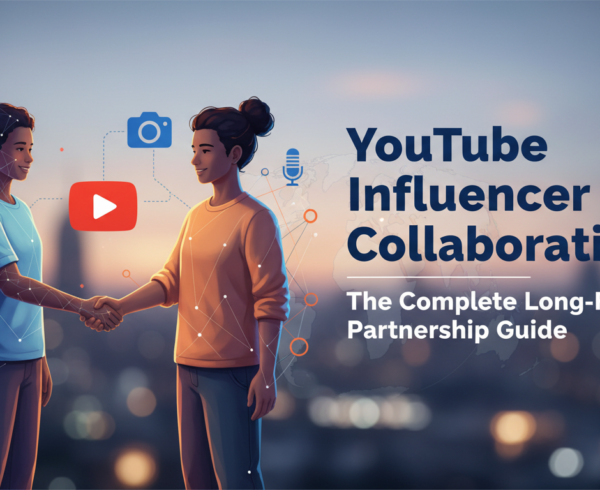Banner with title 'YouTube Influencer Collaboration: The Complete Long-Form Partnership Guide' in bold text over a digital collage of social media icons and video thumbnails.