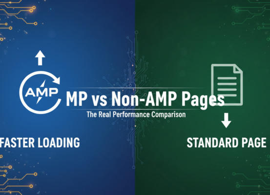 Blog banner: 'AMP vs Non-AMP Pages: The Real Performance Comparison' with tech-themed background