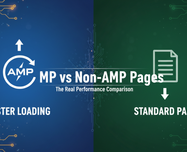 Blog banner: 'AMP vs Non-AMP Pages: The Real Performance Comparison' with tech-themed background