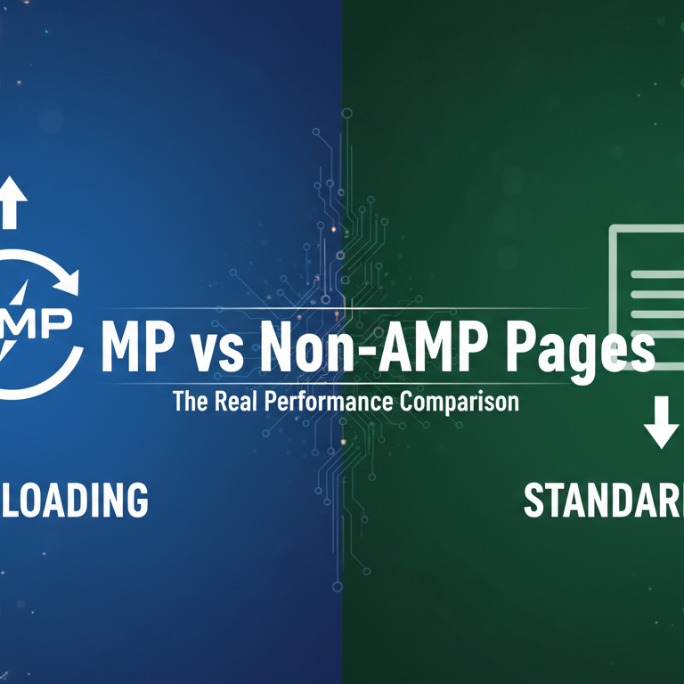 Blog banner: 'AMP vs Non-AMP Pages: The Real Performance Comparison' with tech-themed background