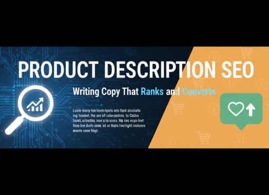 Blog banner featuring 'Product Description SEO: Writing Copy That Ranks and Converts' in bold text