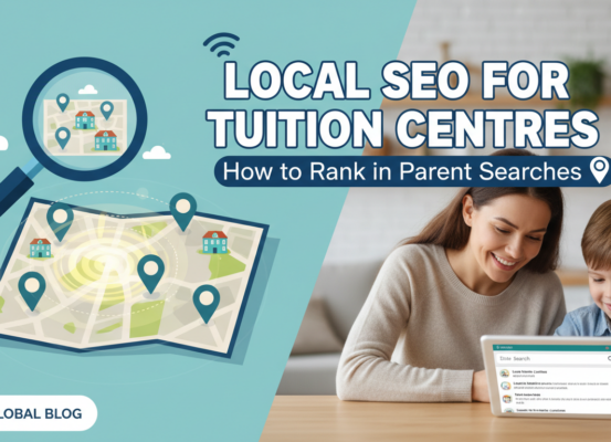 Blog banner titled 'Local SEO for Tuition Centres: How to Rank in Parent Searches' with educational icons.