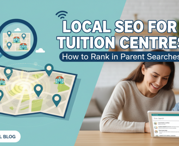 Blog banner titled 'Local SEO for Tuition Centres: How to Rank in Parent Searches' with educational icons.
