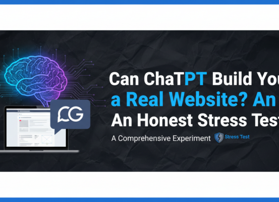 Blog banner with the title 'Can ChatGPT Build You a Real Website? An Honest Stress Test' in bold font.