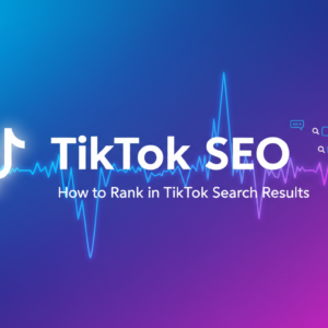 Blog banner with 'TikTok SEO: How to Rank in TikTok Search Results' title, playful digital theme