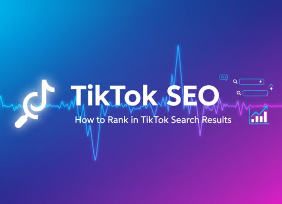 Blog banner with 'TikTok SEO: How to Rank in TikTok Search Results' title, playful digital theme