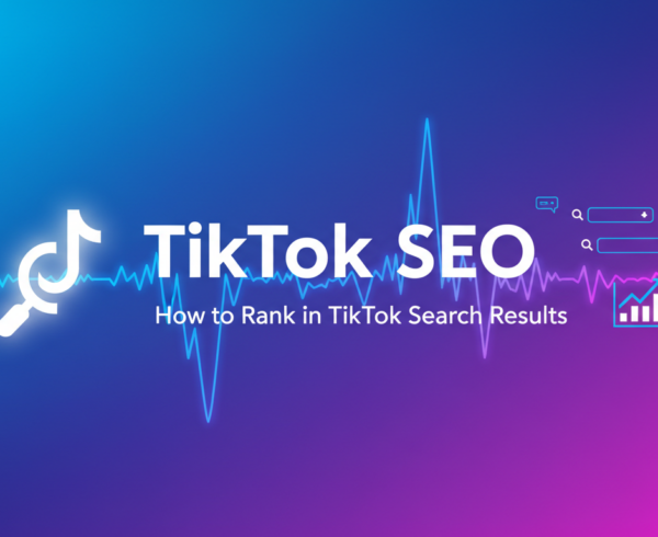 Blog banner with 'TikTok SEO: How to Rank in TikTok Search Results' title, playful digital theme